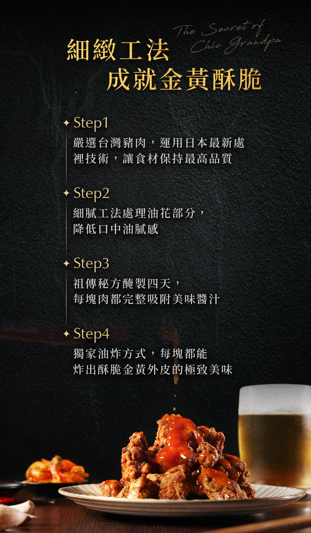 細緻工法,成就金黃酥脆,• Step1,嚴選台灣豬肉,運用日本最新處,裡技術,讓食材保持最高品質,細膩工法處理油花部分,降低口中油膩感,• Step3,祖傳秘方醃製四天,每塊肉都完整吸附美味醬汁,• Step4,獨家油炸方式,每塊都能,炸出酥脆金黃外