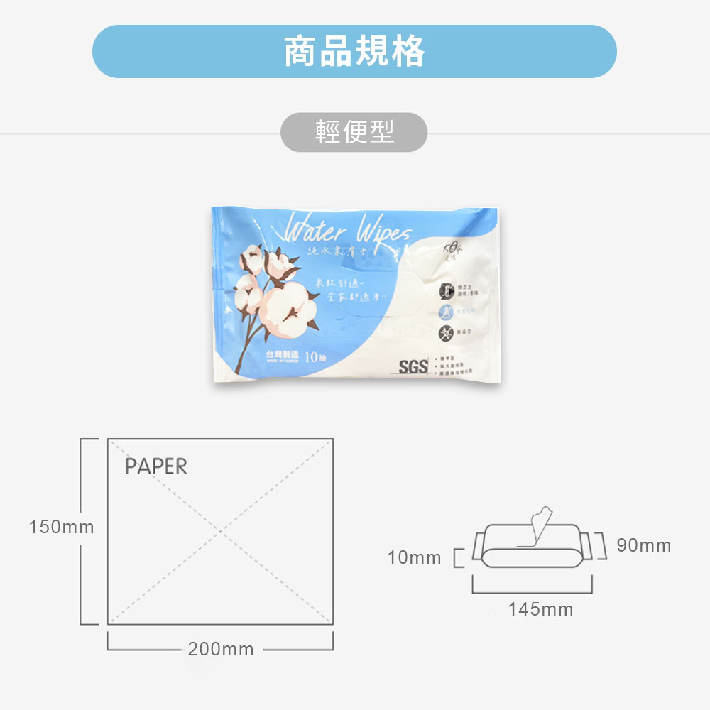 商品規格,輕便型,纯水末房+6,求软针通一,台灣製造 10抽,全家都適用!”。