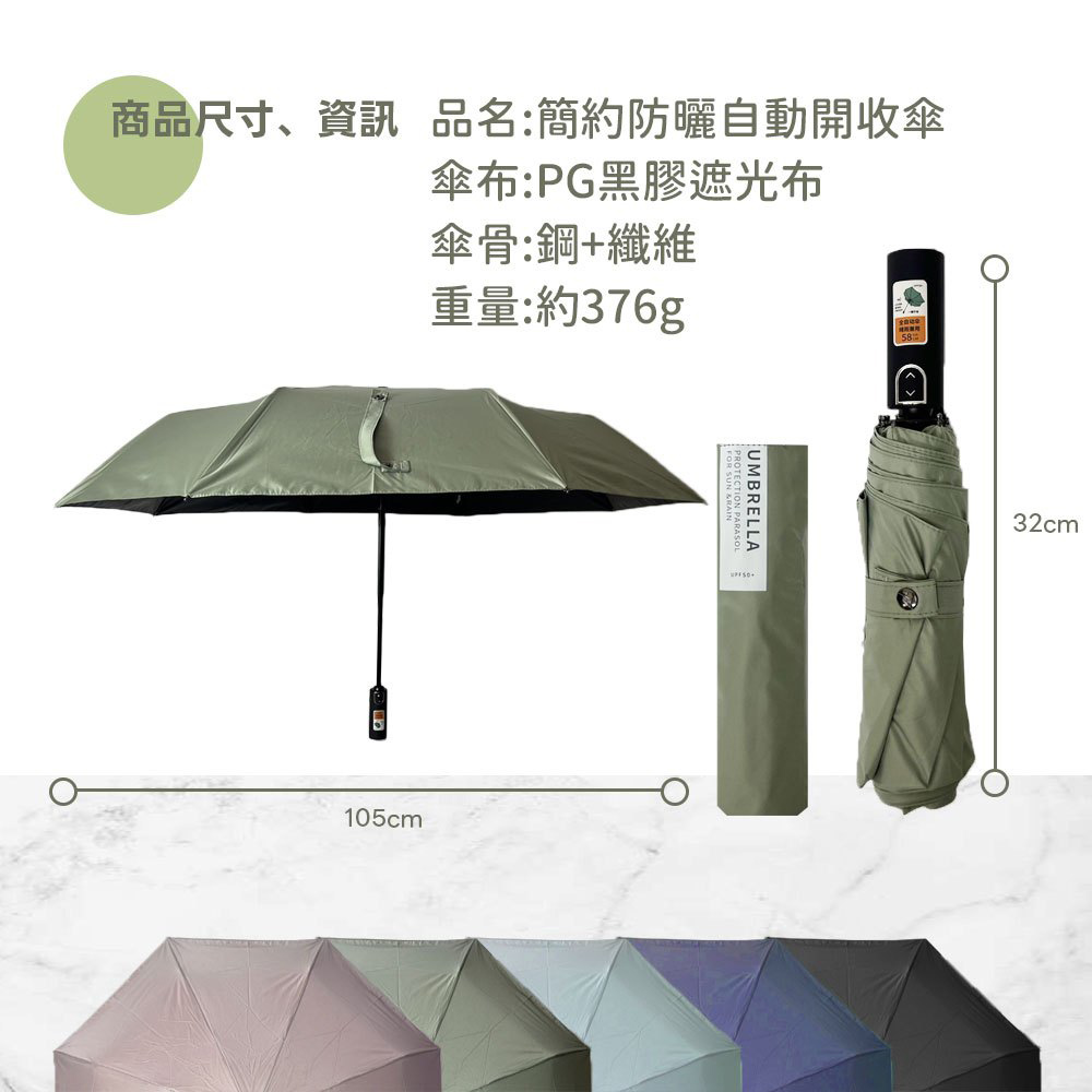 商品尺寸、資訊 品名:簡約防曬自動開收傘，傘布:PG黑膠遮光布，傘骨:鋼+纖維，重量:約376g。