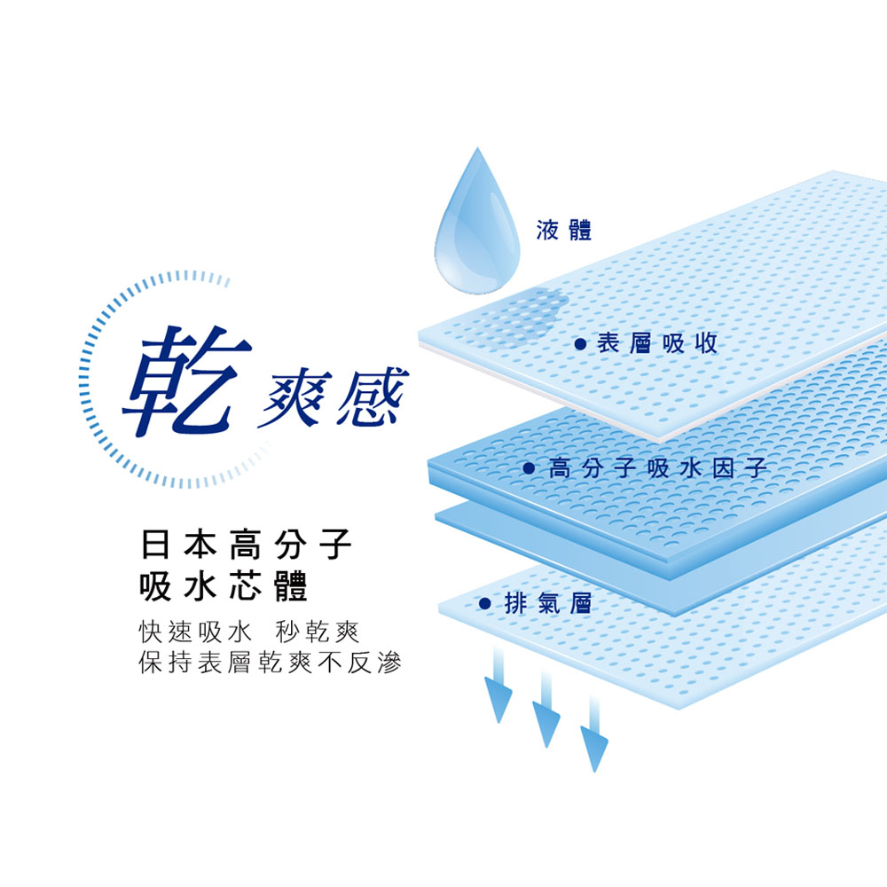乾爽感,日本高分子,吸水芯體,快速吸水 秒乾爽,●表層吸收,●高分子吸水因子,排氣層,保持表層乾爽不反滲。