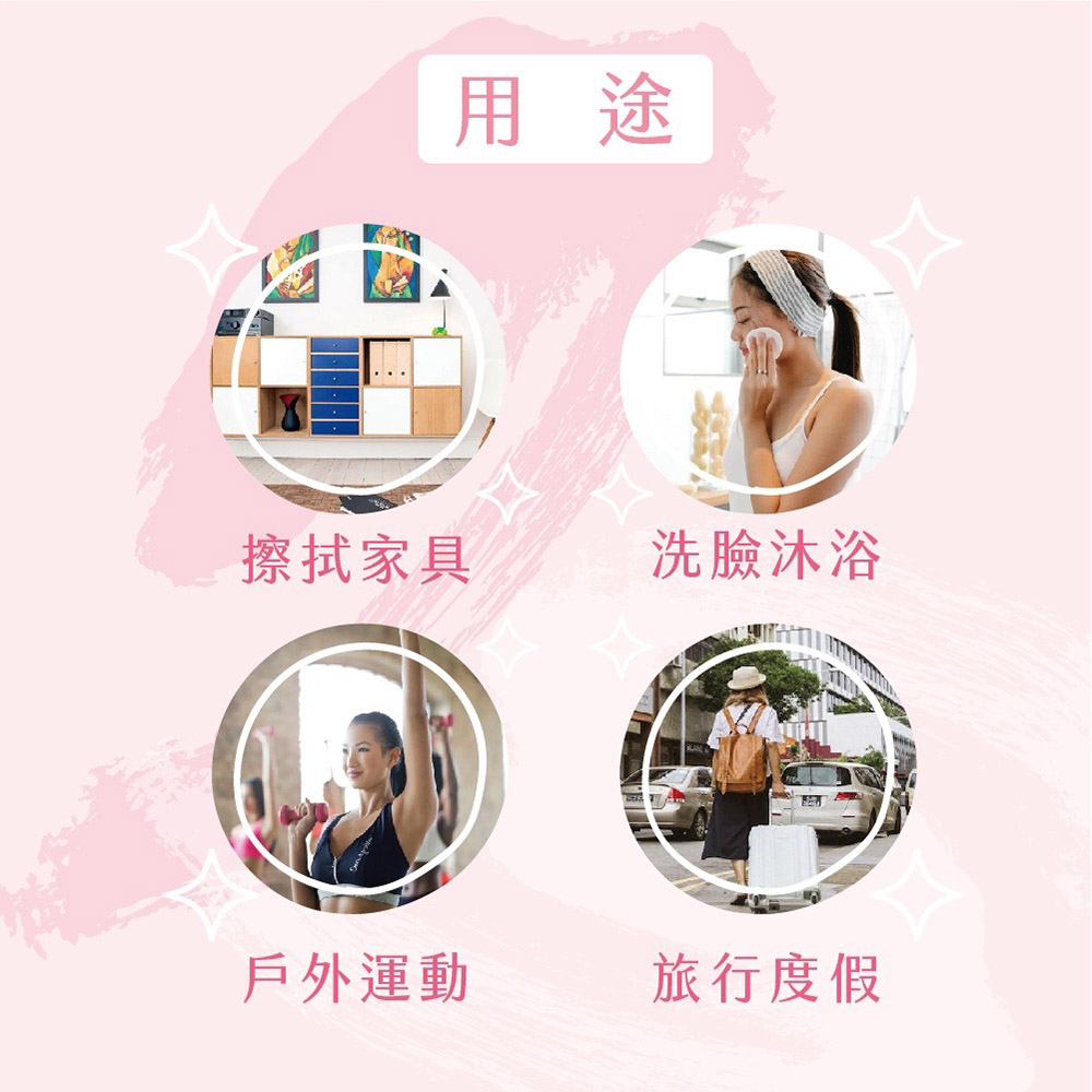 擦拭家具，洗臉沐浴，戶外運動，旅行度假。