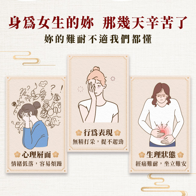 身為女生的妳 那幾天辛苦了,妳的難耐不適我們都懂,心理層面 會,情緒低落,容易煩躁,行為表現 會,無精打采,提不起勁,生理狀態 0,經痛難耐,坐立難安。