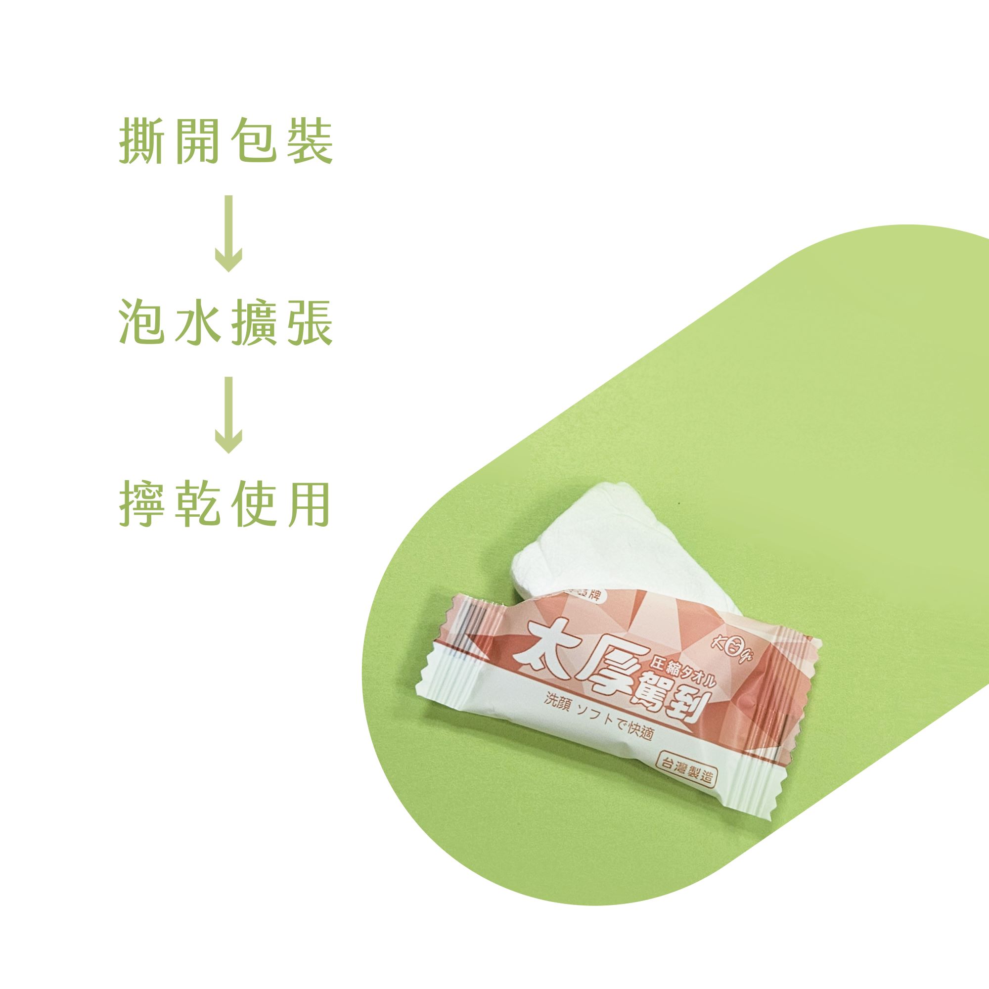 撕開包裝,泡水擴張,擰乾使用,2圧縮夕儿,大厚到,洗顔ソフトで快適,(台灣製造)。