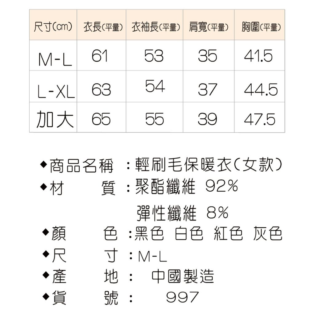 尺寸(cm) 衣長(平量) 衣袖長(平量) 肩寬(平量) 胸圍(平量),加大 65 55,·商品名稱:輕刷毛保暖衣(女款),質 :聚酯纖維 92%,彈性纖維 8%,顏 色:黑色 白色 紅色 灰色,產 貨,寸:M-L,地: 中國製造。