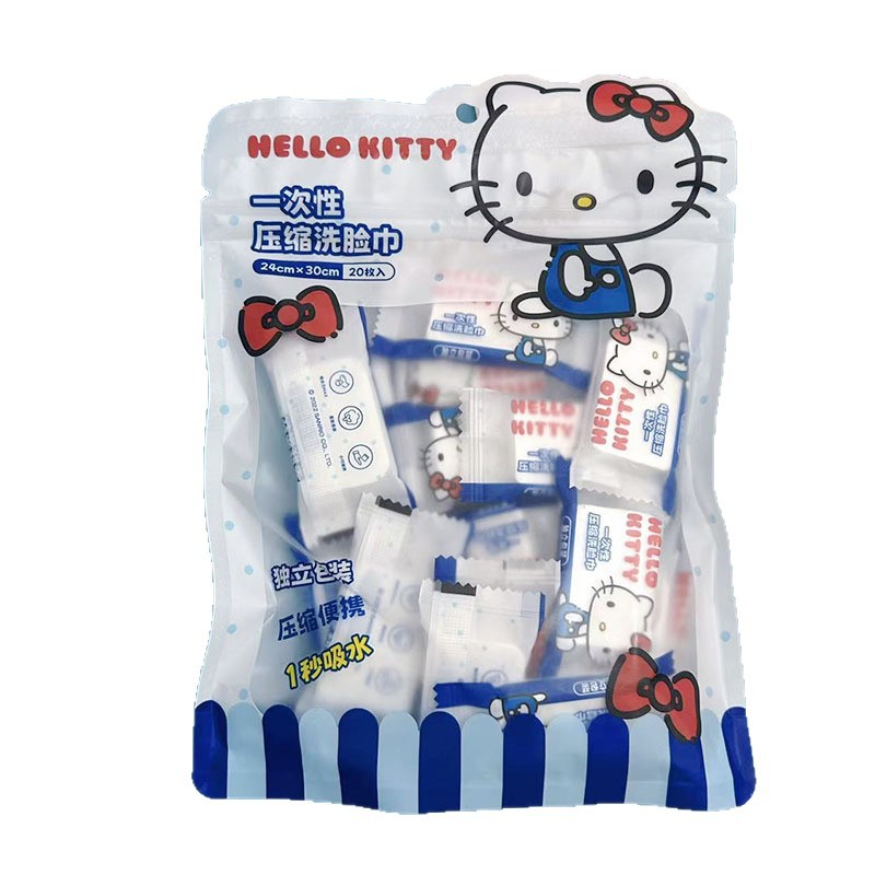 一次回，压缩洗脸巾，24cm×30cm 20枚入，© 2022 SANRIO CO., LTD.压缩便携，压缩洗脸巾。