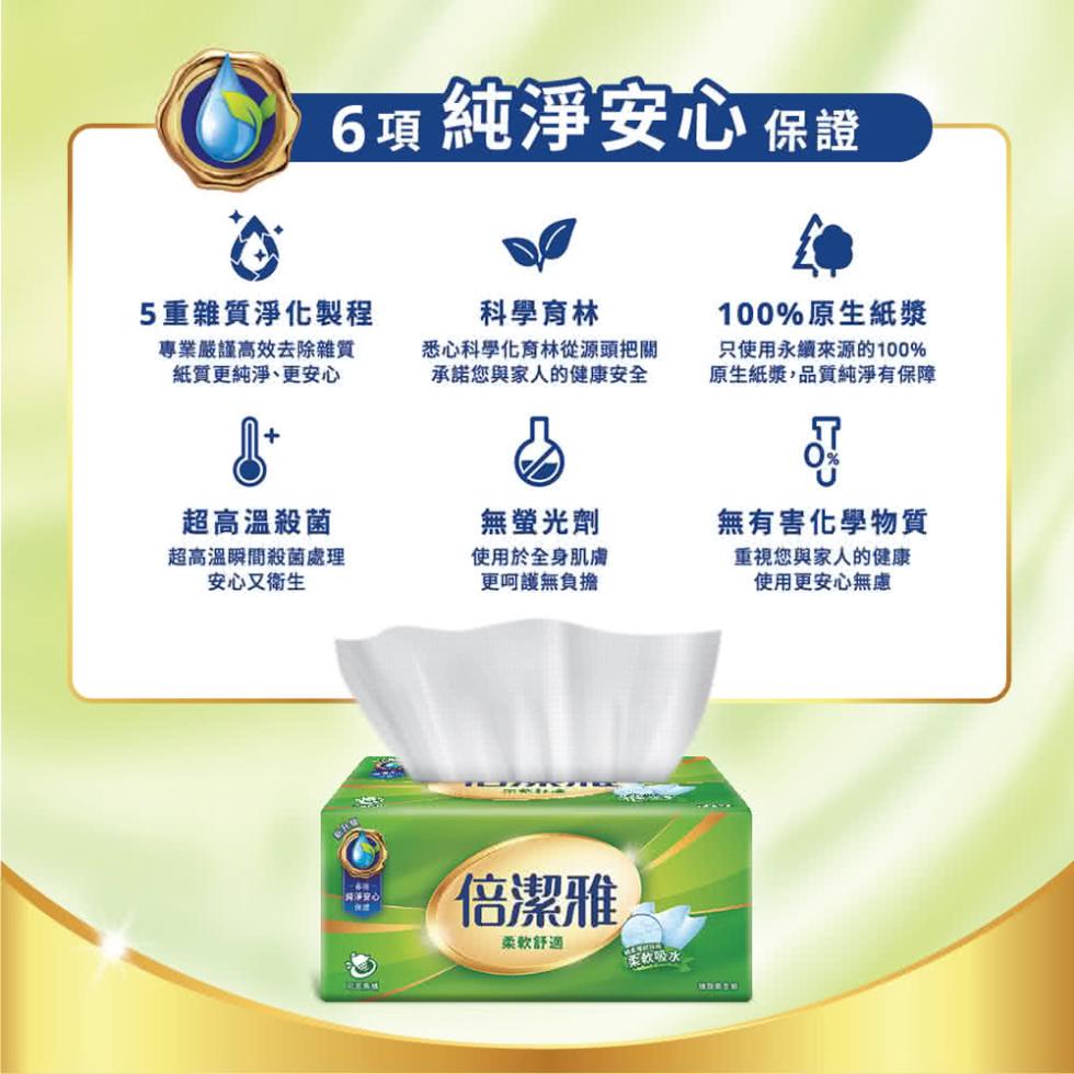 6項 純淨安心 保證，5重雜質淨化製程，專業嚴謹高效去除雜質，紙質更純淨、更安心，超高溫殺菌，超高溫瞬間殺菌處理，安心又衛生，简淨安心，科學育林，悉心科學化育林從源頭把關，承諾您與家人的健康安全，無螢光劑，使用於全身肌膚，更呵護無負擔，倍潔雅，柔軟舒