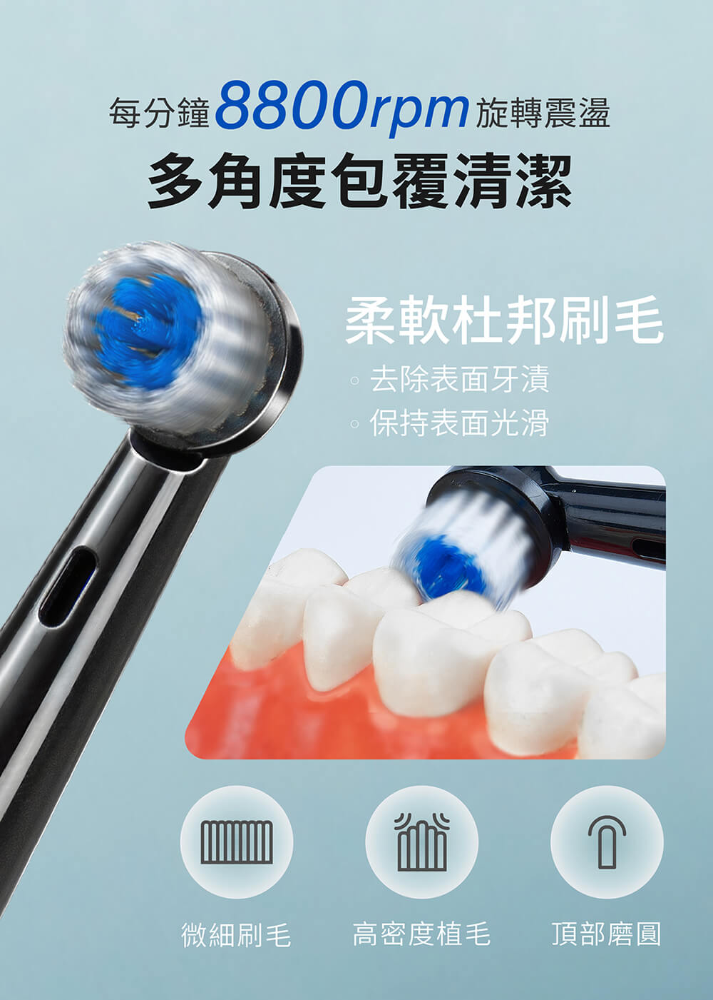 每分鐘8800rpm旋轉震盪,多角度包覆清潔,柔軟杜邦刷毛,去除表面牙漬,保持表面光滑,微細刷毛,高密度植毛,頂部磨圓。