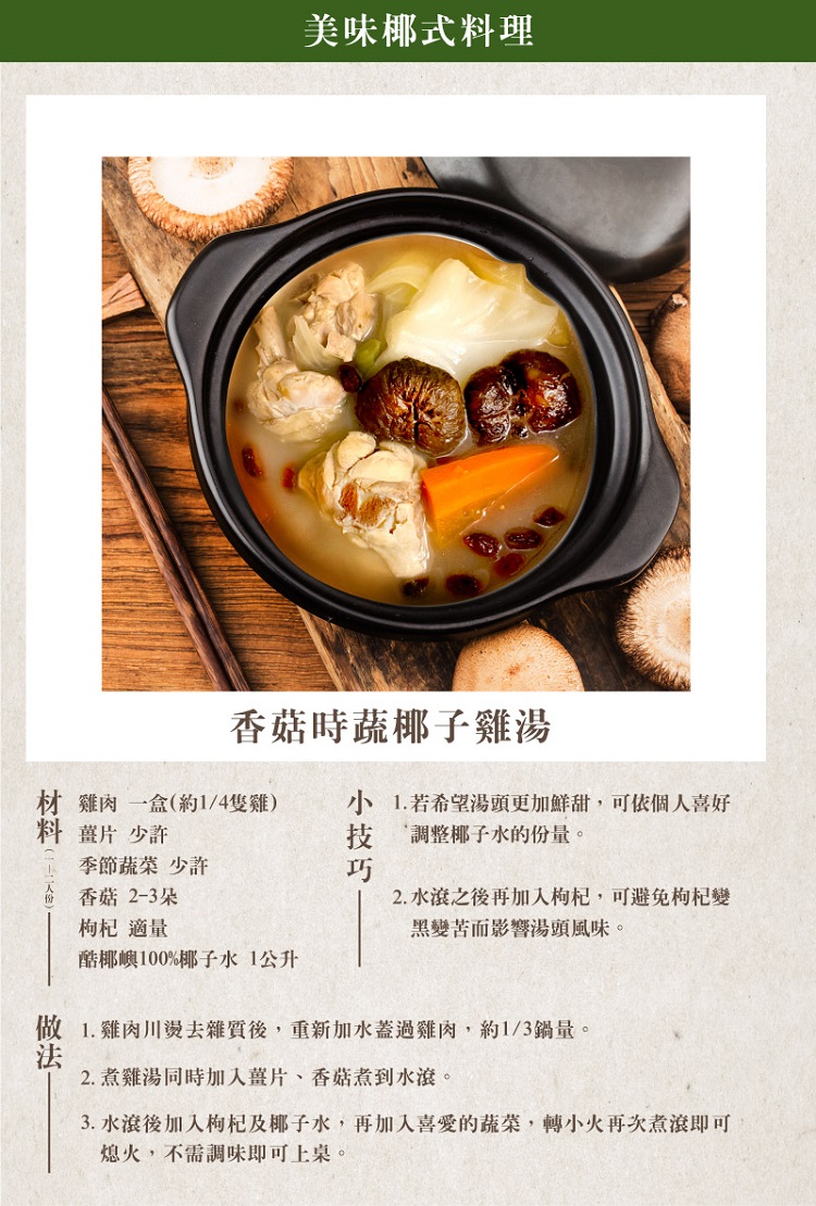 香菇時蔬椰子雞湯，材 雞肉一盒(約1/4隻雞)，料 薑片 少許，季節蔬菜 少許，你 香菇 2-3朵，枸杞 適量，美味椰式料理，酷椰嶼100%椰子水 1公升，小 1.若希望湯頭更加鮮甜,可依個人喜好，調整椰子水的份量。2.水滾之後再加入枸杞,可避免枸杞