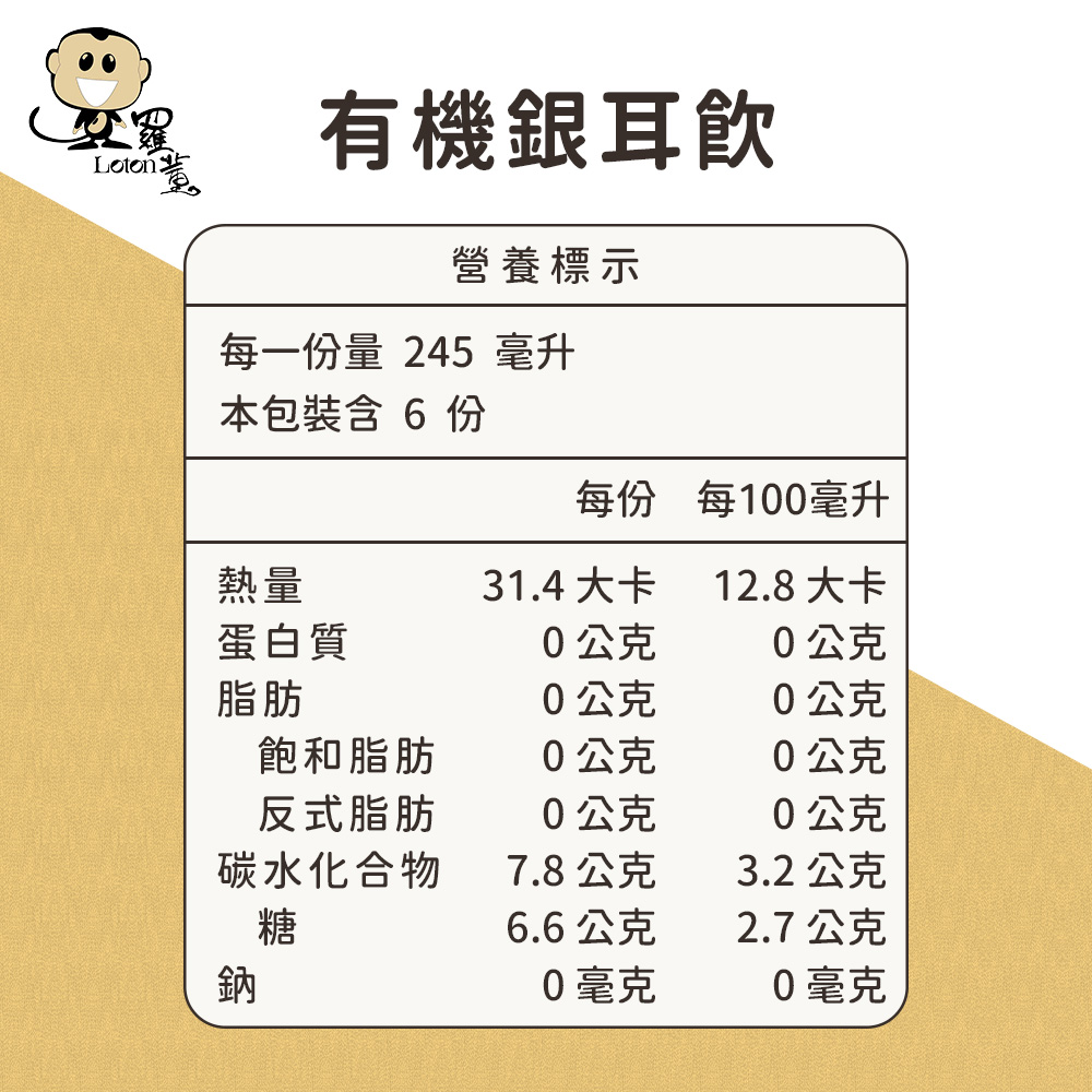 Salon黃,有機銀耳飮,營養標示,每一份量245 毫升,本包裝含 6 份,每份 每100毫升,31.4大卡,12.8大卡,蛋白質,0公克,0公克,0公克,0公克,飽和脂肪,0公克,0公克,反式脂肪,0公克,0公克,碳水化合物,7.8公克,3.2公克