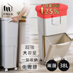 免運!【好物良品】38L_日本家用廚房垃圾乾濕分類分離防臭按壓掀蓋式分層垃圾桶 38L (4入，每入1203.1元)