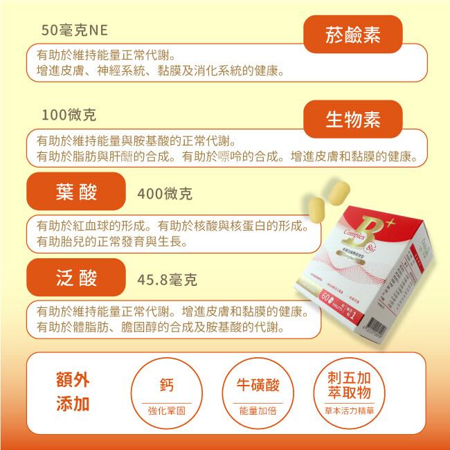 50毫克NE，有助於維持能量正常代謝。菸鹼素，增進皮膚、神經系統、黏膜及消化系統的健康。100微克，有助於維持能量與胺基酸的正常代謝。生物素，有助於脂肪與肝醣的合成。有助於嘌呤的合成。增進皮膚和黏膜的健康。400微克，有助於紅血球的形成。有助於核酸與