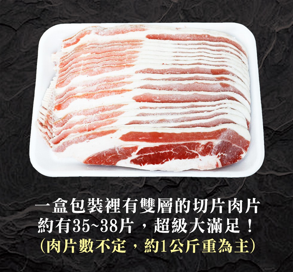 一盒包裝裡有雙層的切片肉片，約有35~38片,超級大滿足!(肉片數不定,約1公斤重為主)。