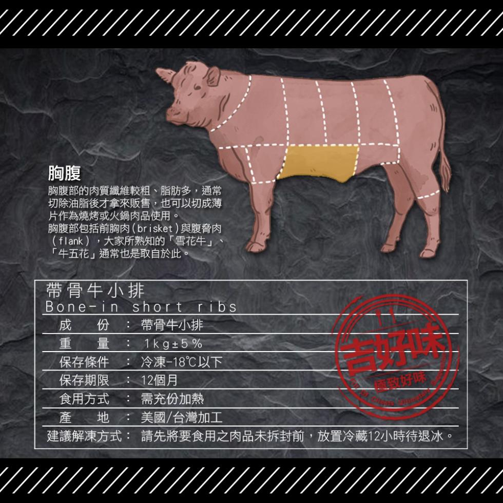 胸腹部的肉質纖維較粗、脂肪多,通常，切除油脂後才拿來販售,也可以切成薄，片作為燒烤或火鍋肉品使用。胸腹部包括前胸肉(brisket)與腹脅肉，(flank),大家所熟知的雪花牛牛五花通常也是取自於此，帶骨牛小排，份:帶骨牛小排，重 量 : 1kg±5
