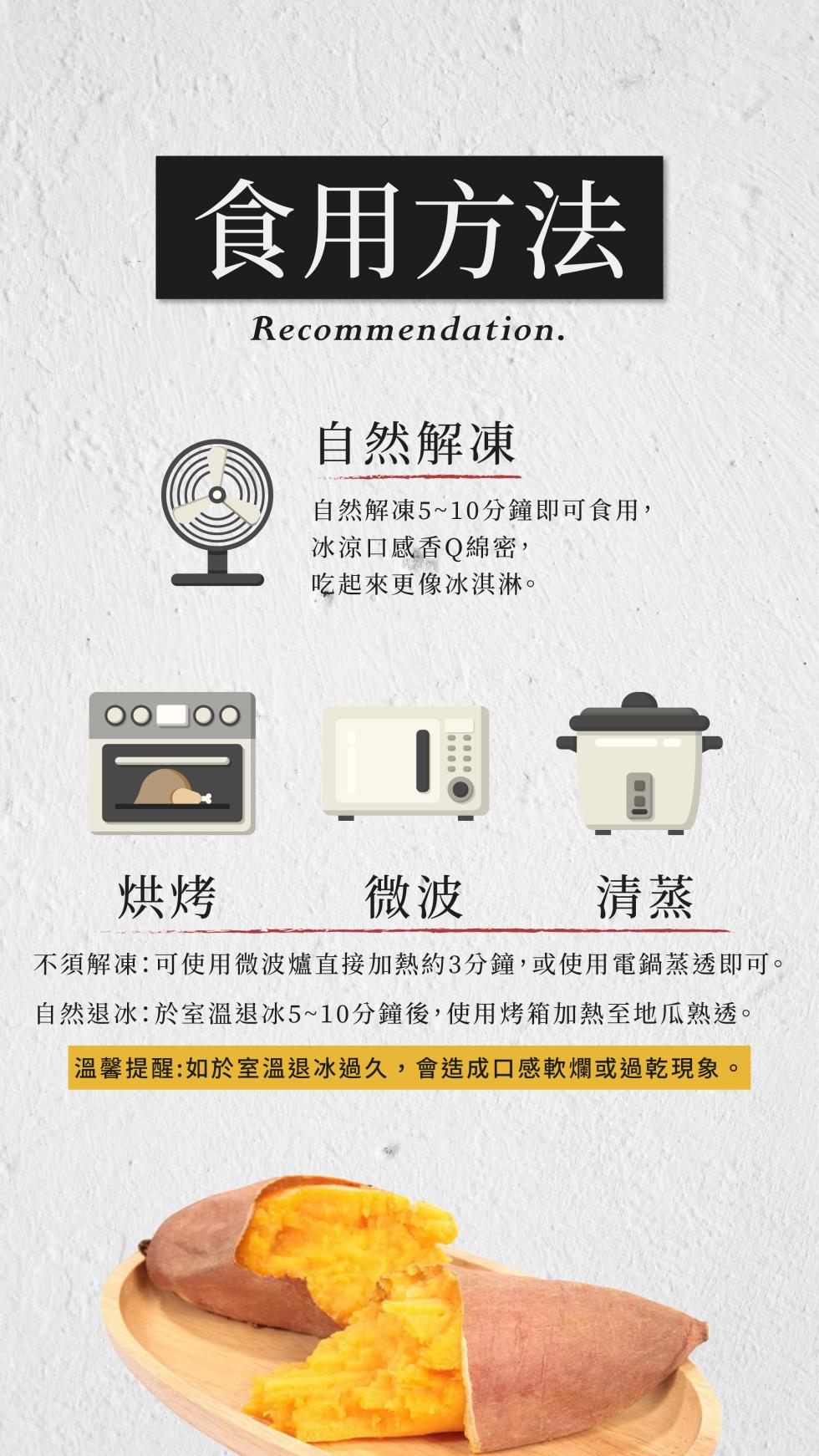 食用方法，自然解凍，自然解凍5~10分鐘即可食用,冰涼口感香Q綿密,吃起來更像冰淇淋。不須解凍:可使用微波爐直接加熱約3分鐘,或使用電鍋蒸透即可。自然退冰:於室溫退冰5~10分鐘後,使用烤箱加熱至地瓜熟透。【溫馨提醒:如於室溫退冰過久,會造成口感軟爛
