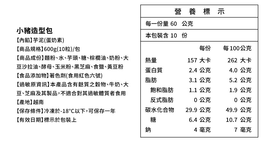 營養標示，每一份量 60 公克，小豬造型包，【內餡】芋泥(蛋奶素)，本包裝含10份，【商品規格】600g(10粒)/包，每100公克，【商品成份】麵粉、水、芋頭、糖、棕櫚油、奶粉、大，157 大卡，262 大卡，豆沙拉油、酵母、玉米粉、黑芝麻、食鹽、