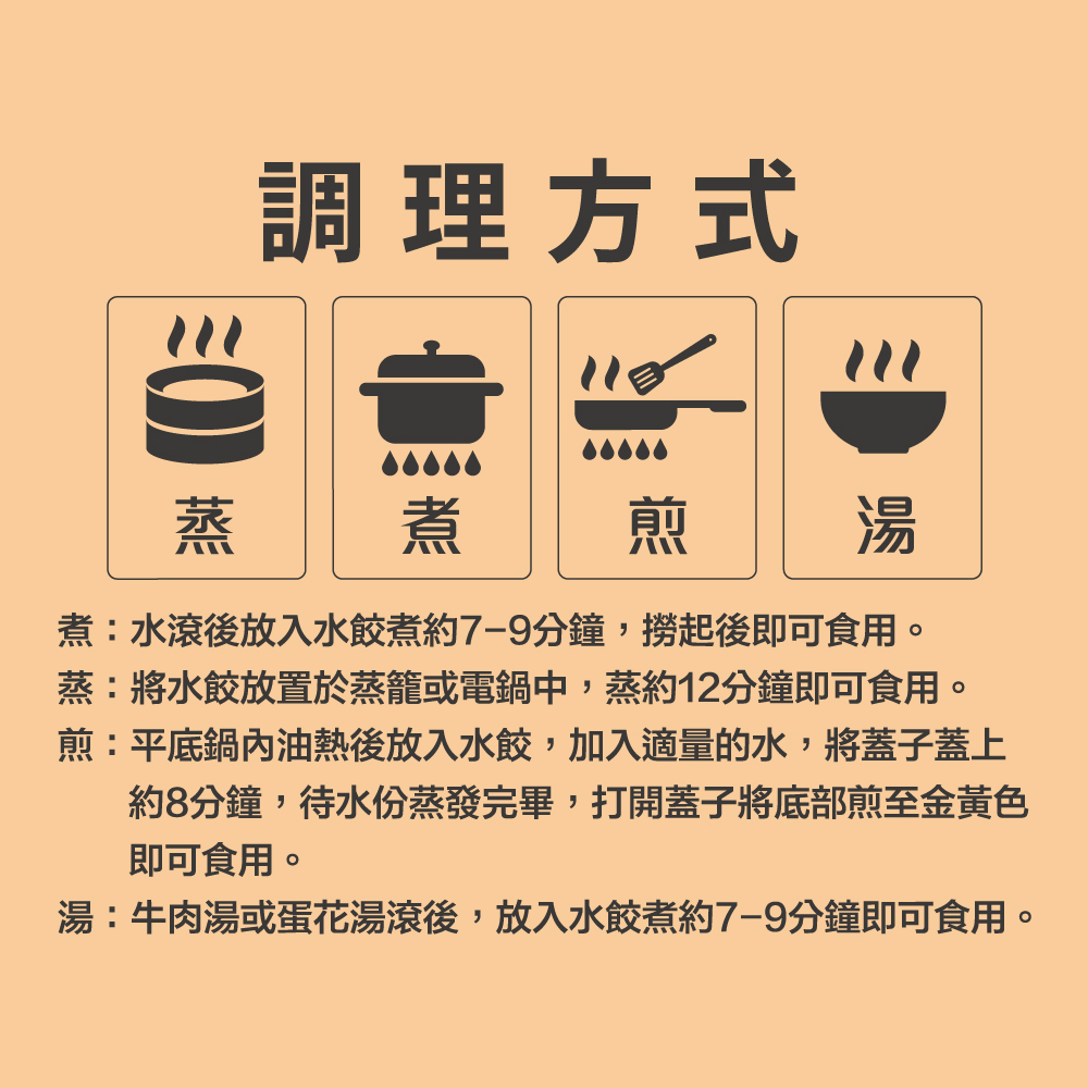 調理方式，煮:水滾後放入水餃煮約7-9分鐘,撈起後即可食用。蒸:將水餃放置於蒸籠或電鍋中,蒸約12分鐘即可食用。煎:平底鍋內油熱後放入水餃,加入適量的水,將蓋子蓋上，約8分鐘,待水份蒸發完畢,打開蓋子將底部煎至金黃色，即可食用。湯:牛肉湯或蛋花湯滾後