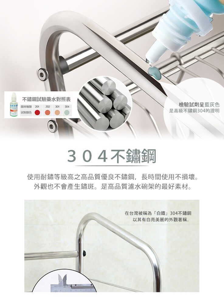 不鏽鋼試驗藥水對照表，檢驗試劑呈藍灰色，是高級不鏽鋼304的證明，編材種類 201，304不鏽鋼，使用耐鏽等級高之高品質優良不鏽鋼,長時間使用不損壞。外觀也不會產生鏽斑。是高品質濾水碗架的最好素材。在台灣被稱為白鐵304不鏽鋼，以其有白亮美麗的外觀著