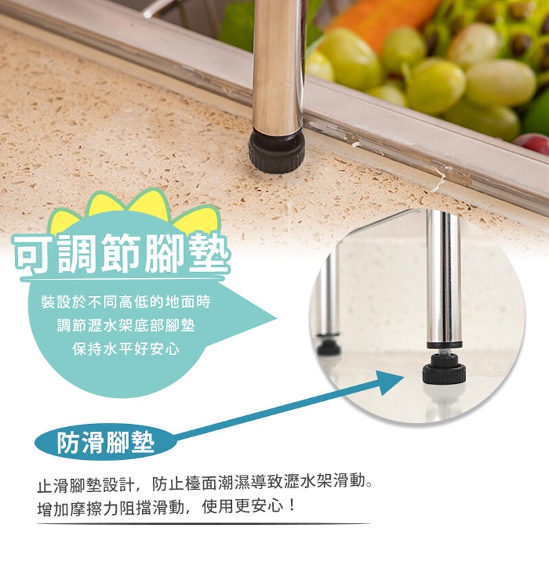 可調節腳墊，裝設於不同高低的地面時，調節瀝水架底部腳墊，保持水平好安心，防滑腳墊，止滑腳墊設計,防止檯面潮濕導致瀝水架滑動。增加摩擦力阻擋滑動,使用更安心!。