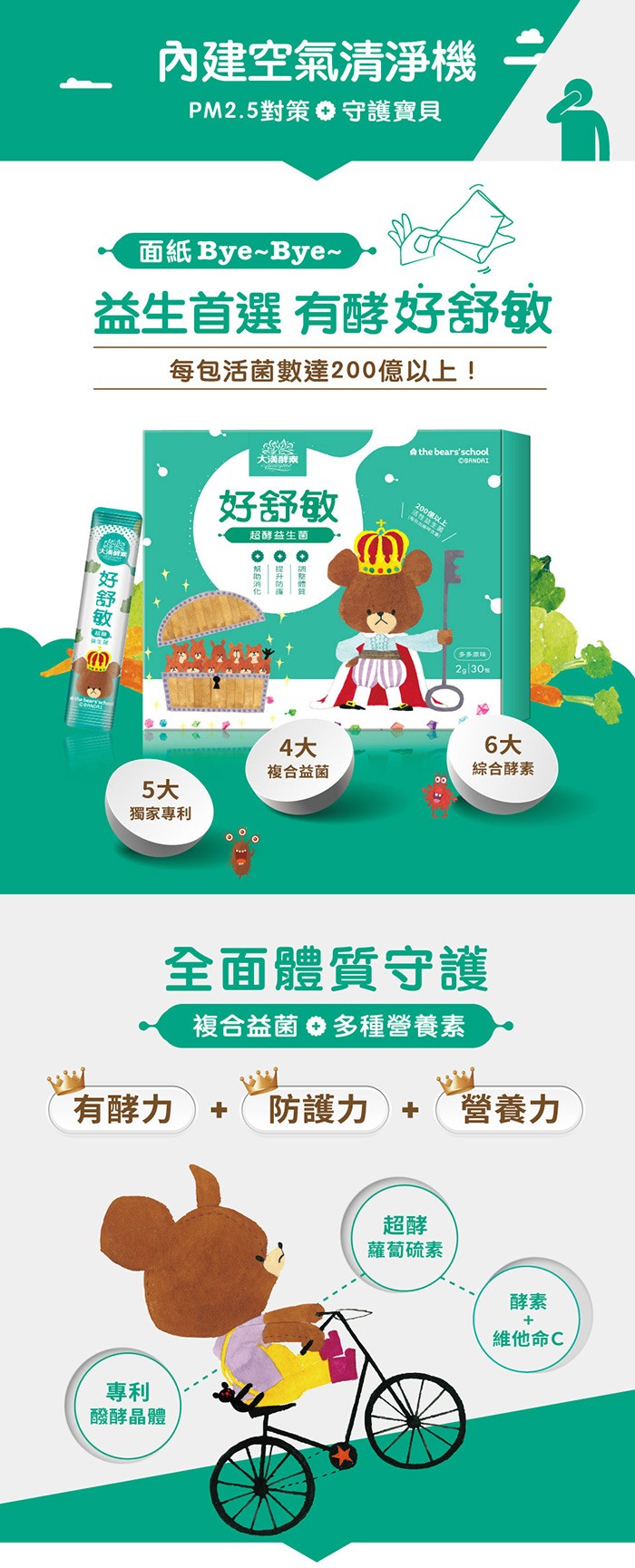 內建空氣清淨機，PM2.5對策守護寶貝，面紙Bye~Bye~，益生首選有酵好舒敏，每包活菌數達200億以上!大满酵素，好舒敏，00億以超酵益生菌，綜合酵素，複合益菌，獨家專利，全面體質守護，複合益菌●多種營養素，防護力+，營養力，有酵力，蘿蔔硫素，維
