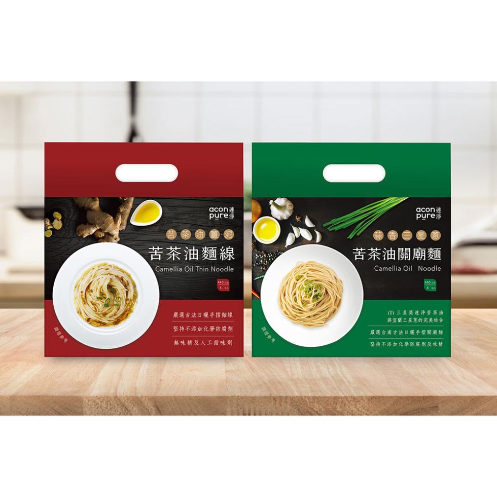 acon連，苦茶油麵線，嚴選古法日曬手摺麵線，堅持不添加化學防腐劑，無味精及人工甜味劑，解理參考，acon連，苦茶油關廟麵，ITI 三星獎連淨苦茶油，與宜蘭三星蔥的完美結合，嚴選台南古法日曬手關廟麵，堅持不添加化學防腐劑及味精。