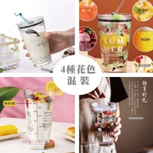 刻度玻璃杯450ml、附蓋附吸管不挑色