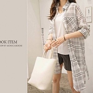 韓國英式口袋格紋長版排釦襯衫