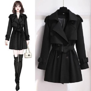 韓版短款英倫風顯瘦風衣外套(S～3XL)A款黑色