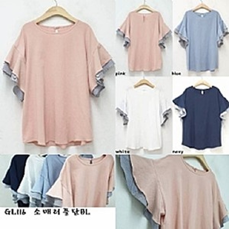 韓國條紋拼接荷葉袖衣