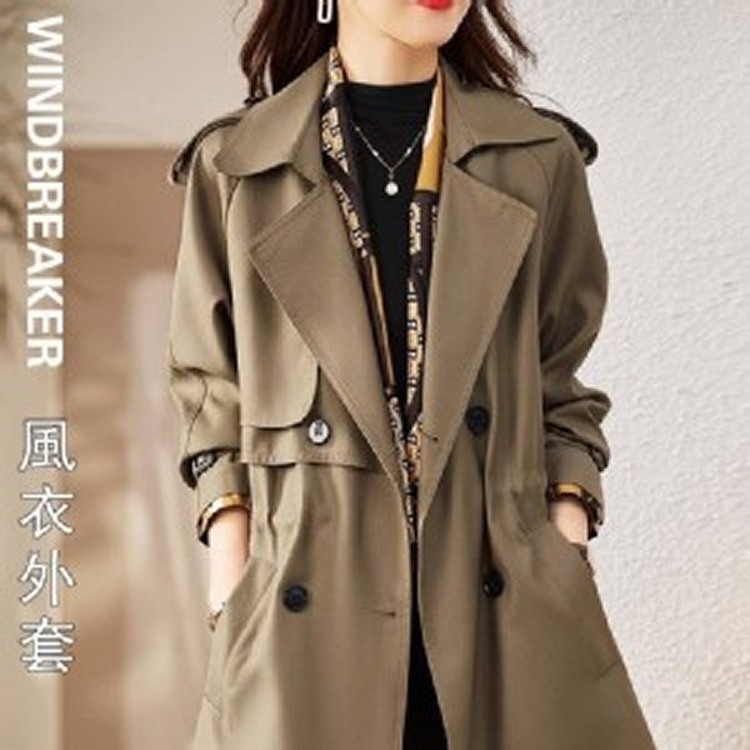 韓版短款顯瘦絲巾風衣外套(M～4XL)卡其