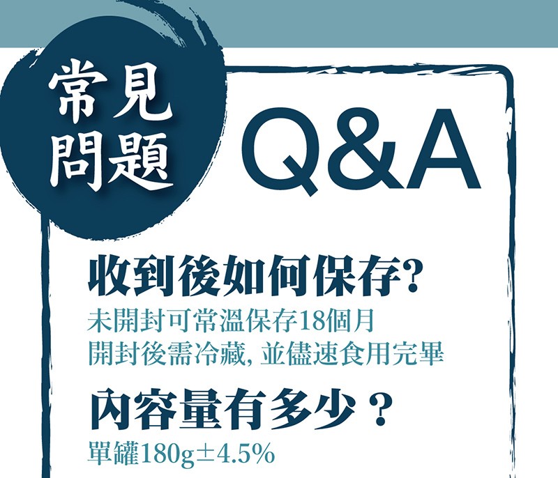 問題Q&A，收到後如何保存?未開封可常溫保存18個月，開封後需冷藏,並儘速食用完畢，內容量有多少?單罐180g士4.5%。