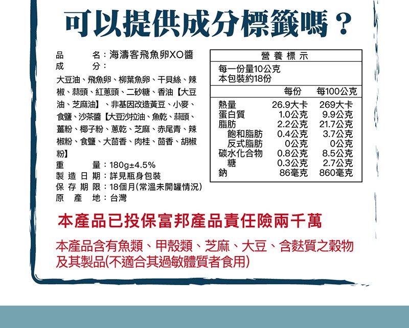 可以提供成分標籤嗎?名:海濤客飛魚卵XO醬，營養標示，每一份量10公克，本包裝約18份，大豆油、飛魚卵、柳葉魚卵、干貝絲、辣，椒、蒜頭、紅蔥頭、二砂糖、香油【大豆，油、芝麻油】、非基因改造黃豆、小麥、食鹽、沙茶醬大豆沙拉油、魚乾、蒜頭、薑粉、椰子粉、