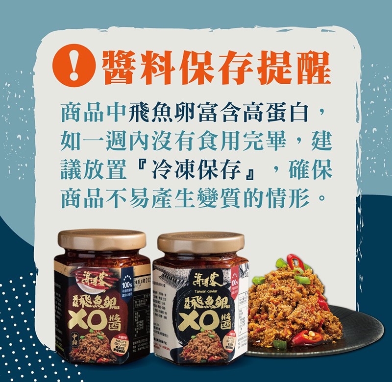 0醬料保存提醒，商品中飛魚卵富含高蛋白,如一週內沒有食用完畢,建，議放置冷凍保存,確保，商品不易產生變質的情形。