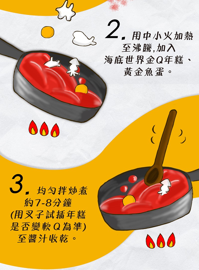 2. 用中小火加熱，至沸騰,加入，海底世界金Q年糕、黃金魚蛋。均匀拌炒煮，約7-8分鐘，(用叉子試插年糕，是否變軟 Q為準)，至醬汁收乾。