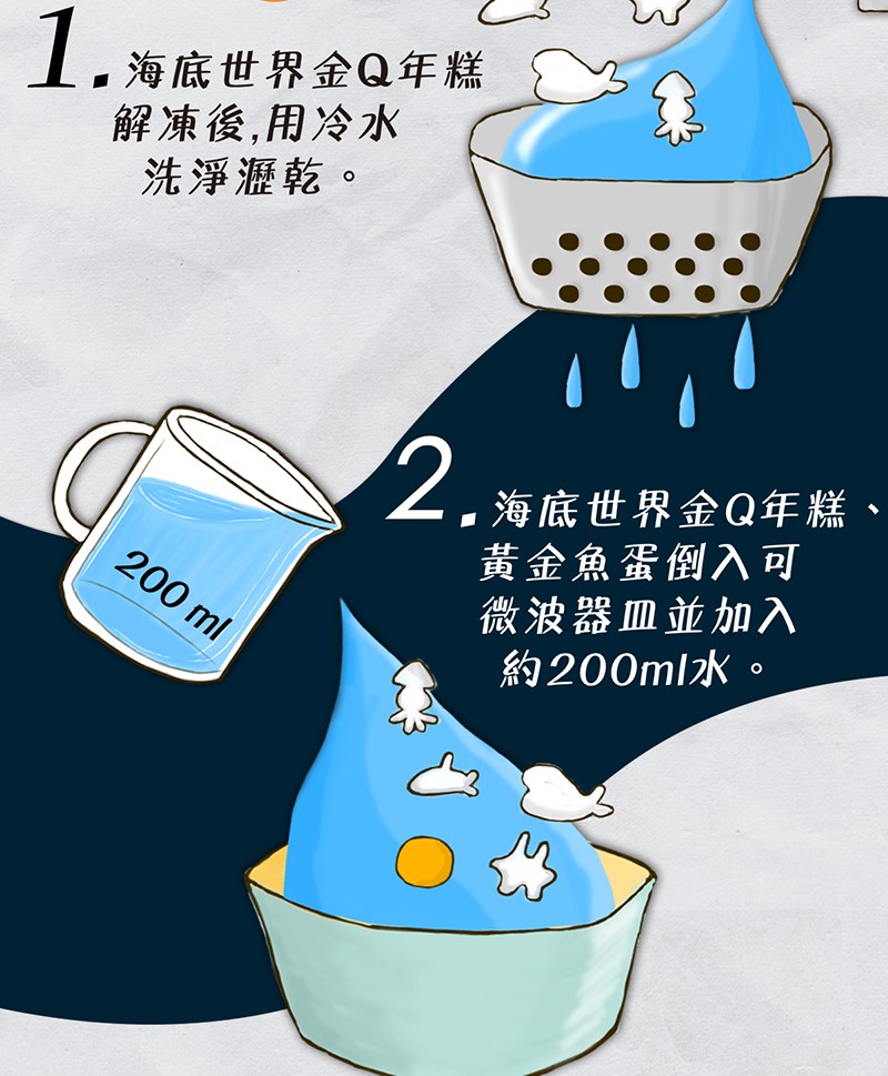 1.海底世界金Q年糕，解凍後,用冷水，洗淨瀝乾。▪海底世界金Q年糕、黃金魚蛋倒入可，微波器皿並加入，約200ml水。