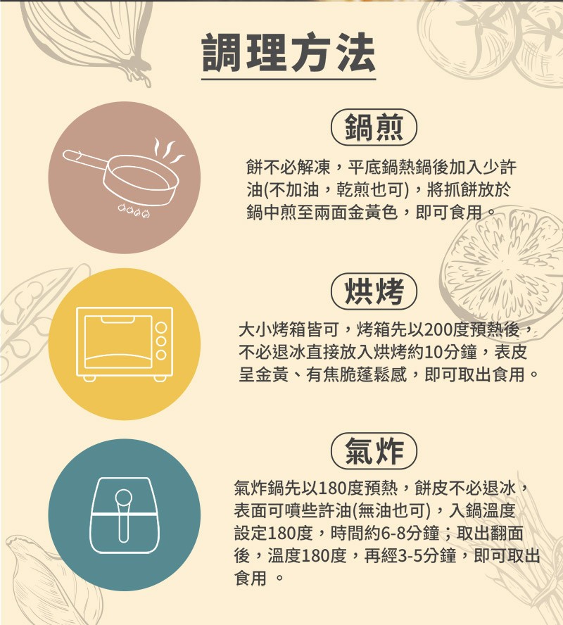 調理方法，餅不必解凍,平底鍋熱鍋後加入少許，油(不加油,乾煎也可),將抓餅放於，鍋中煎至兩面金黃色,即可食用。大小烤箱皆可,烤箱先以200度預熱後,不必退冰直接放入烘烤約10分鐘,表皮，呈金黃、有焦脆蓬鬆感,即可取出食用。氣炸鍋先以180度預熱,餅皮