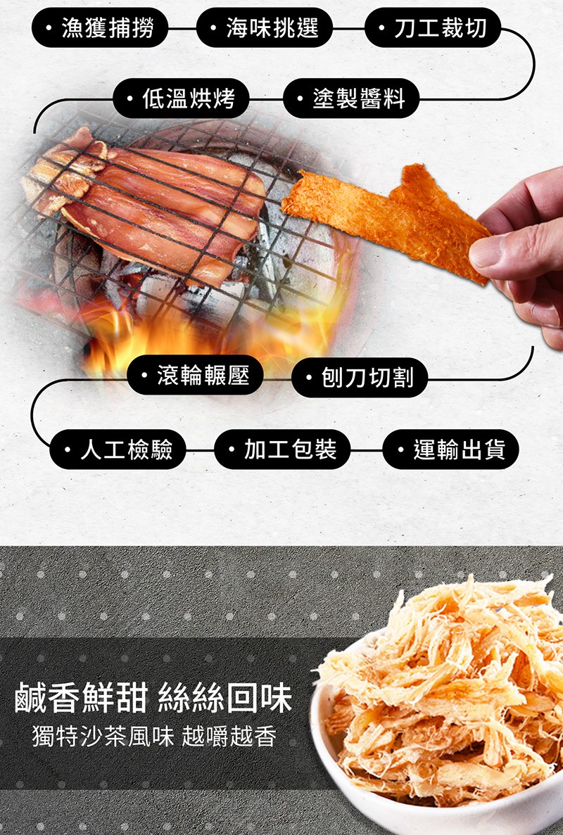 漁獲捕撈，海味挑選，刀工裁切，低溫烘烤，塗製醬料，滾輪輾壓，创刀切割，人工檢驗，加工包裝，運輸出貨，鹹香鮮甜絲絲回味，獨特沙茶風味越嚼越香。