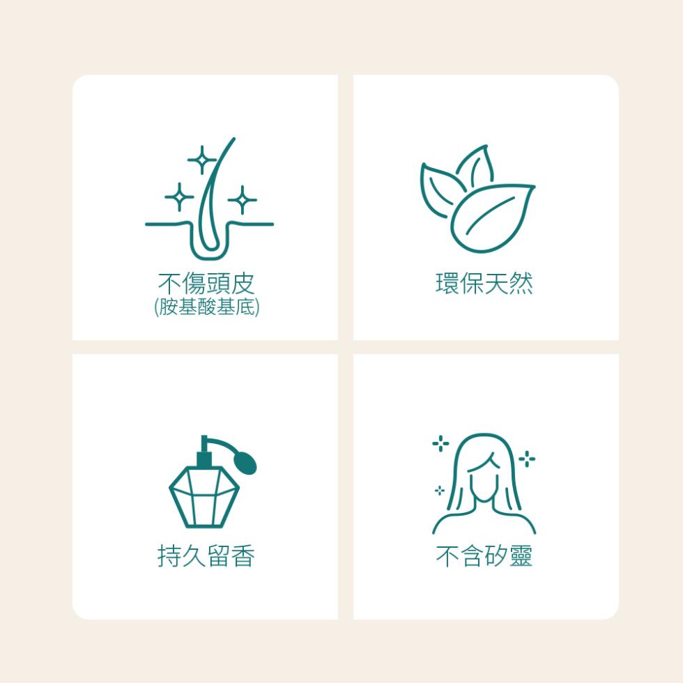 不傷頭皮，環保天然，(胺基酸基底)，持久留香，不含矽靈。