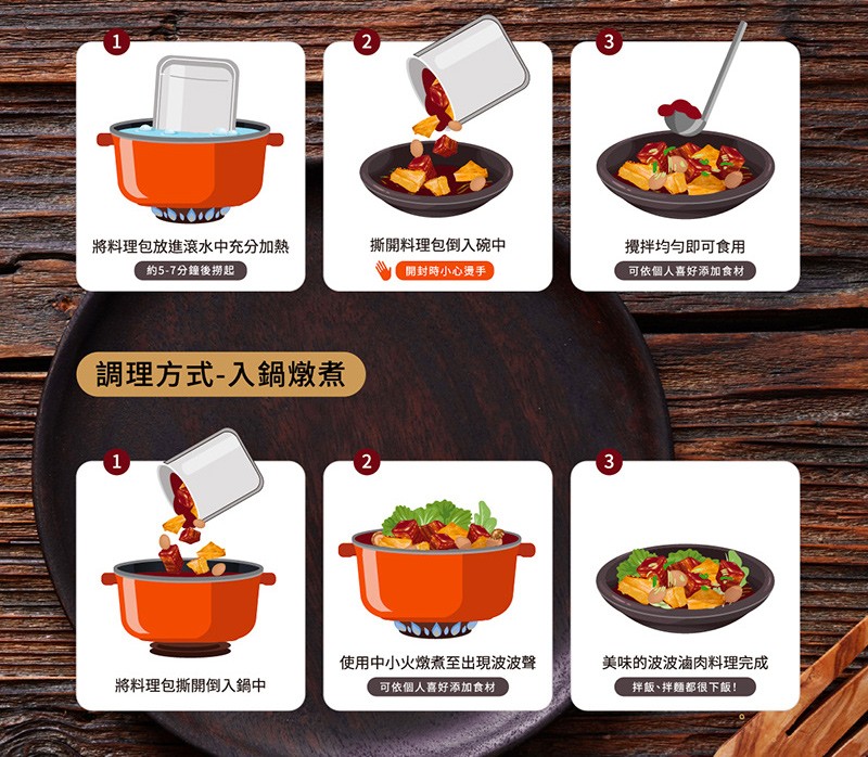 將料理包放進滾水中充分加熱，約5-7分鐘後撈起，調理方式-入鍋燉煮，將料理包撕開倒入鍋中，撕開料理包倒入碗中，開封時小心燙手，使用中小火燉煮至出現波波聲，可依個人喜好添加食材，攪拌均勻即可食用，可依個人喜好添加食材，美味的波波滷肉料理完成，拌飯、拌麵
