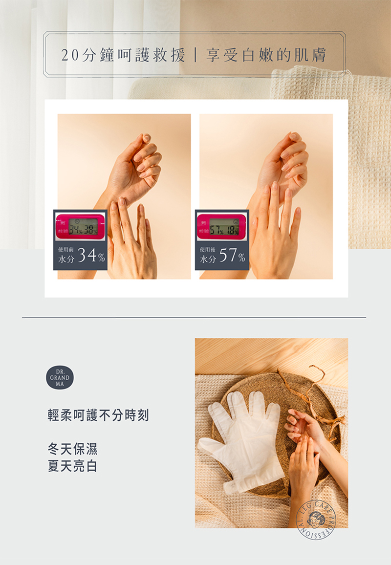 20分鐘呵護救援享受白嫩的肌膚，使用前，使用後，輕柔呵護不分時刻，冬天保濕，夏天亮白。