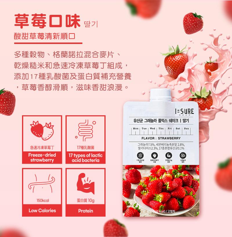 草莓口味 管，酸甜草莓清新順口，多種穀物、格蘭諾拉混合麥片、乾燥糙米和急速冷凍草莓丁組成,添加17種乳酸菌及蛋白質補充營養，草莓香醇滑順,滋味香甜浪漫。유산균 그래놀라 풀믹스 쉐이크 딸기，急速冷凍草莓丁，17種乳酸菌，47.5%,从甚者是里2.8