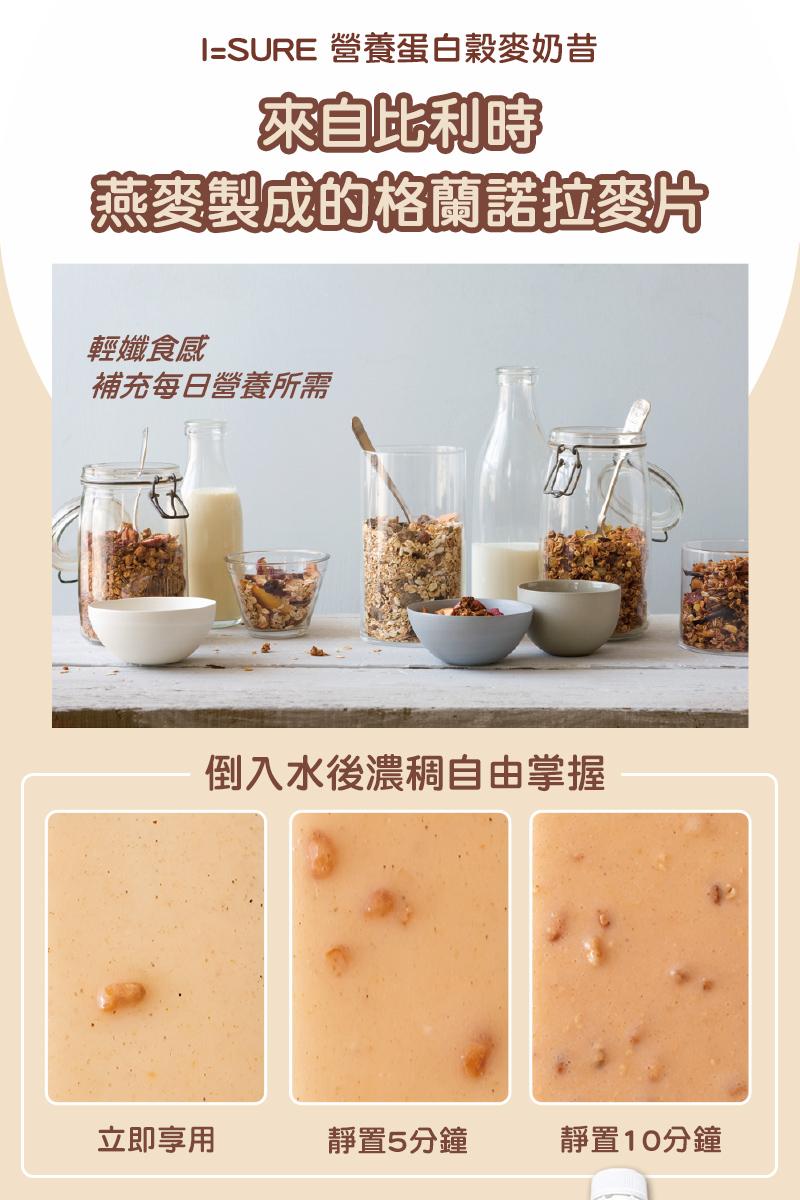 I=SURE 營養蛋白穀麥奶昔，來自比利時，燕麥製成的格蘭諾拉麥片，輕孅食感，補充每日營養所需，倒入水後濃稠自由掌握，立即享用，靜置5分鐘，靜置10分鐘。