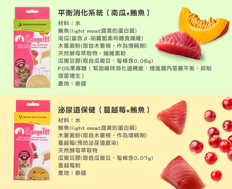 平衡消化系統(南瓜+鮪魚)，材料:水，鮪魚(light meat寶貴的蛋白質)，iChangeTer 南瓜(富含 β-胡蘿蔔素和膳食纖維)，木薯澱粉(取自木薯根,作為增稠劑)，天然酵母萃取物、纖維素粉，瓜爾豆膠(取自瓜爾豆,每條含0.06g)，FOS