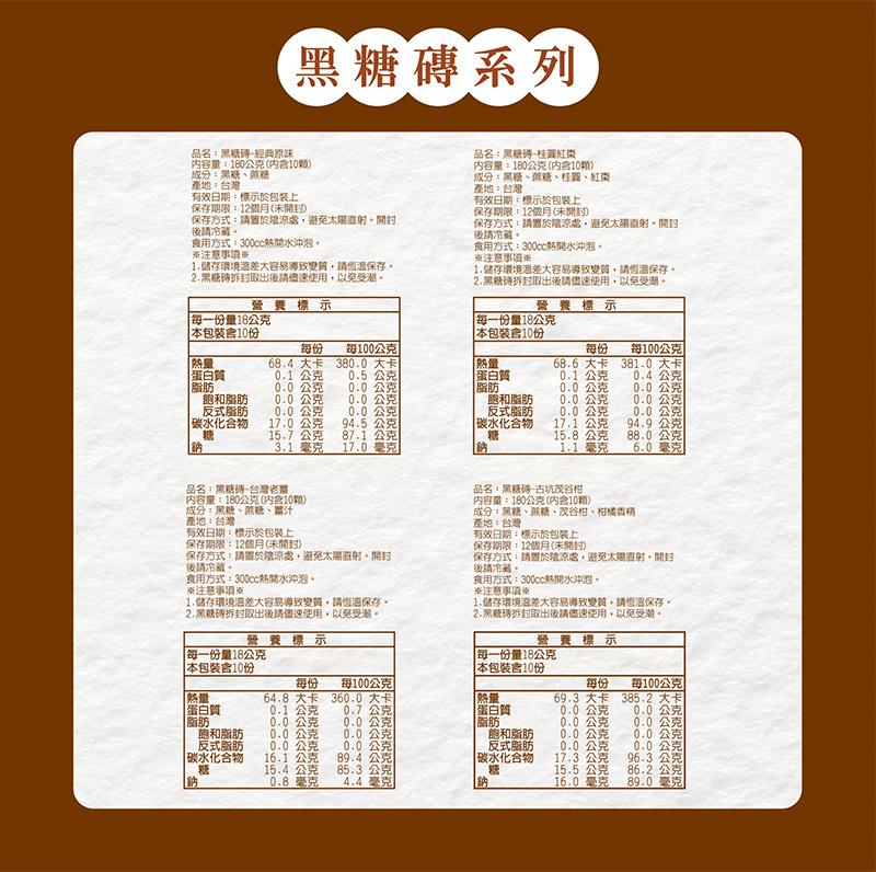 黑糖磚系列，品名:黑糖磚-經典原味，內容量:180公克(内含10顆)，成分:黑糖、黑糖，產地:台灣，有效日期:標示於包裝上，保存期限:12個月(未開封)，保存方式:請置於陰涼處,避免太陽直射,開封，後請冷藏。食用方式:300cc熱開水沖泡。※注意事項