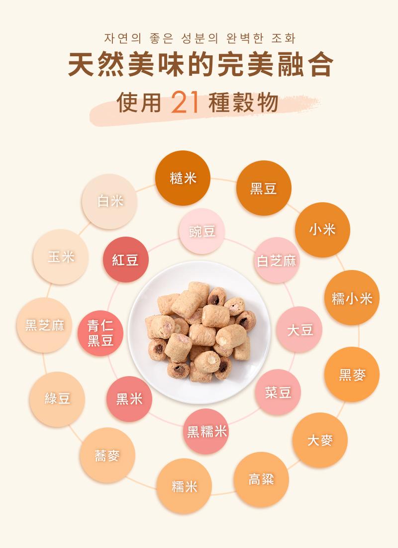 자연의 좋은 성분의 완벽한 조화，天然美味的完美融合，使用21種穀物，白芝麻，糯小米，黑芝麻，【黑糯米®。