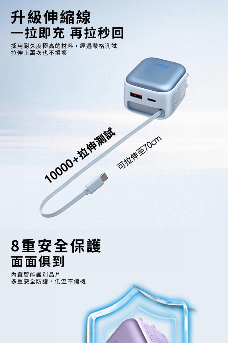 【Timo】35W GaN馬卡龍自帶線旅行快充頭 三款任選（伸縮 Type-C 線/三孔同充) - (白色),城中門一品,快速充電,快充頭,充電頭,PD快充