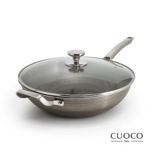 【義大利CUOCO】至尊旗艦版 304雷射鈦晶鋼炒鍋34cm附蓋 (不鏽鋼炒鍋/物理不沾鍋）