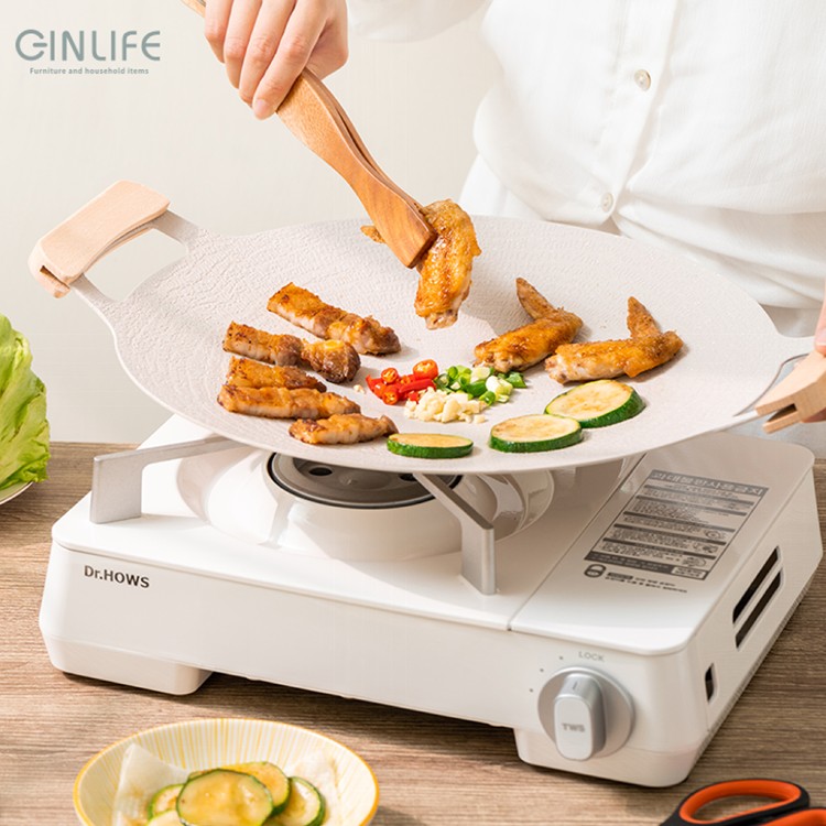 【GinLife】韓式零失敗月亮不沾烤盤34cm小麥白款（麥飯石不沾鍋/瓦斯/電磁爐通用）