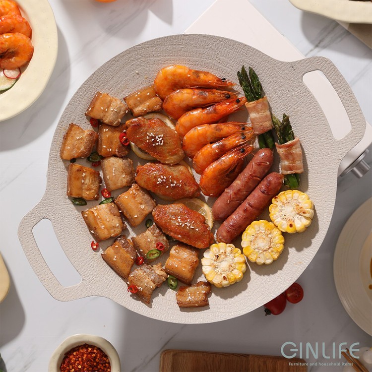【GinLife】韓式零失敗月亮不沾烤盤34cm小麥白款（麥飯石不沾鍋/瓦斯/電磁爐通用）