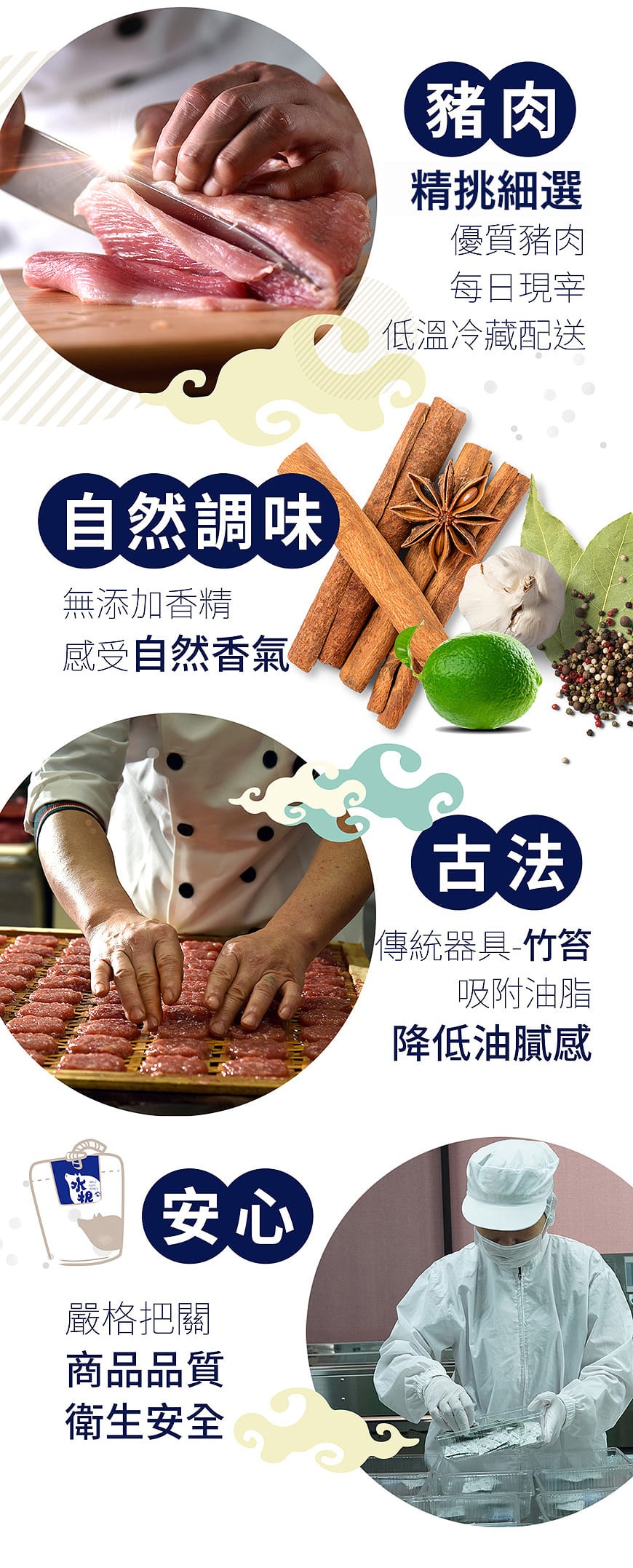 精挑細選，優質豬肉，每日現宰，低溫冷藏配送，自然調味，無添加香精，感受自然香氣，傳統器具-竹答，吸附油脂，降低油膩感，嚴格把關，商品品質，衛生安全。