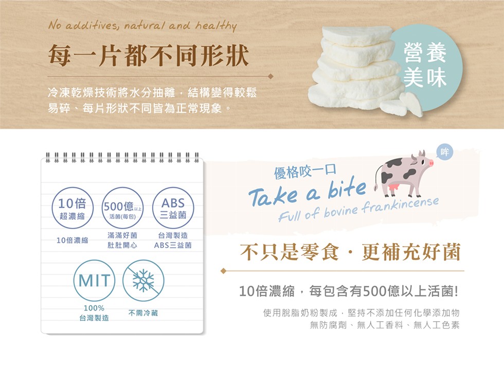每一片都不同形狀,冷凍乾燥技術將水分抽離,結構變得較鬆,易碎、每片形狀不同皆為正常現象。優格咬一口,10倍,(500億),活菌(每包),三益菌,超濃縮,滿滿好菌,肚肚開心,台灣製造,ABS三益菌,10倍濃縮,不只是零食,更補充好菌,10倍濃縮,每包含